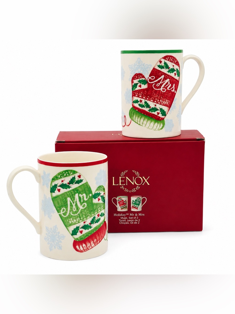 Lenox Holiday Mr & Mrs Christmas Mugs Set of 2 Mittens Red Green- 14 oz With Box